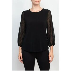 Adrianna Papell Black Swiss Dot Mesh Chiffon Sleeves LS Blouse - Size M